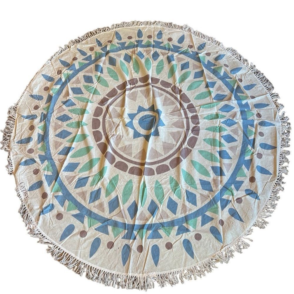 Gypsy 05 Bohemian Round Beach Blanket Towel Tassel Trim | NWT 62.5” Cotton